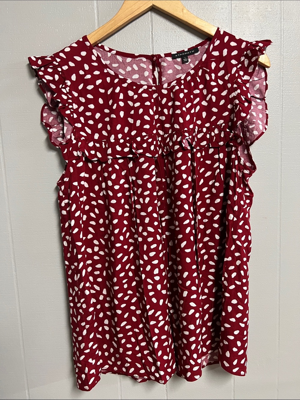 NWOT Staccato Top Blouse Shirt Red & White Large Ruffle Detail
